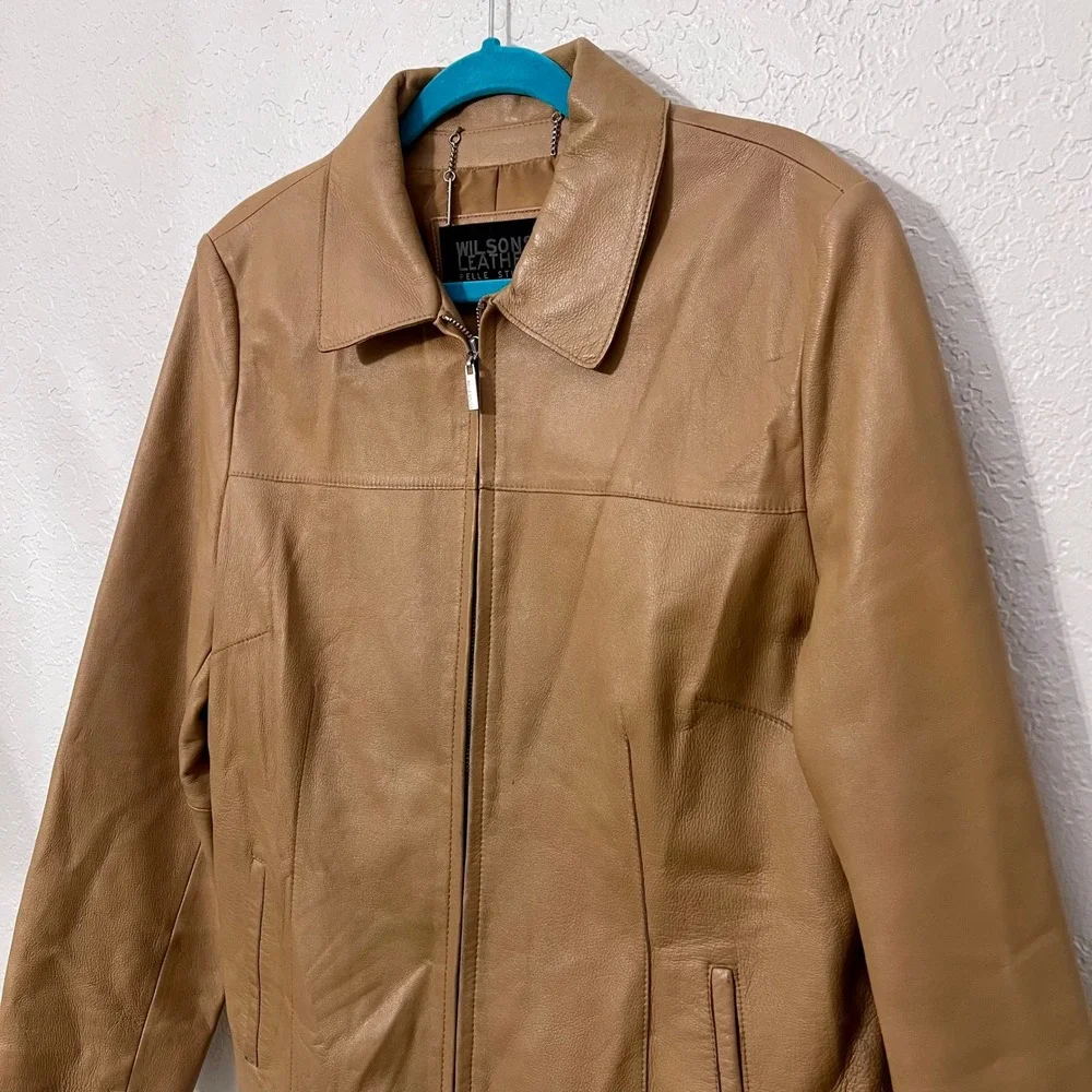 VTG Wilsons Leather Pelle Studio Women's Tan Genuine Leather Zip Front Jacket XL - Picture 2 of 11